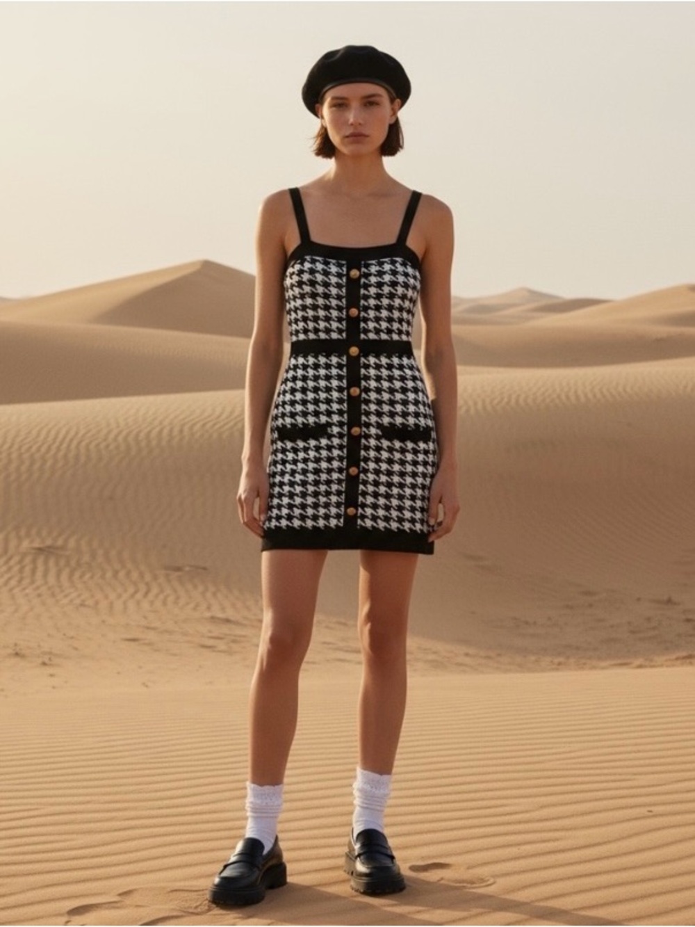 Black & White Houndstooth Mini Dress with Button Front